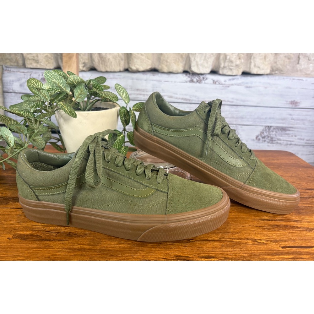 Vans Old Skool Olive Green Canvas Suede Gum Sole Sneakers Mens 6.5 Womens 8.0